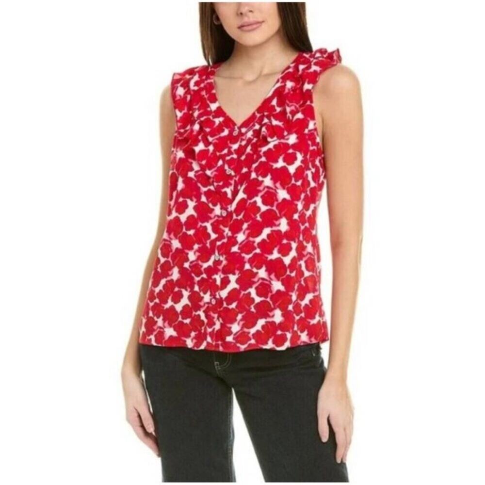 Cabi Rosy red white floral ruffle trim button down sleeveless top Small #4350